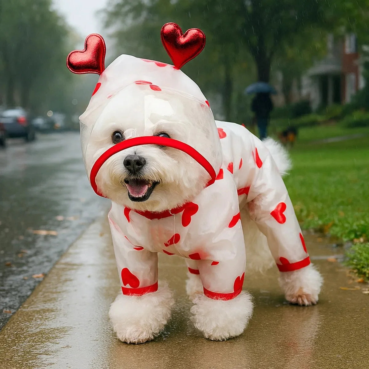 Red Showlu Love Dog Raincoat, waterproof puppy hoodie and pet jumpsuit, shown on a small dog in a rainy setting