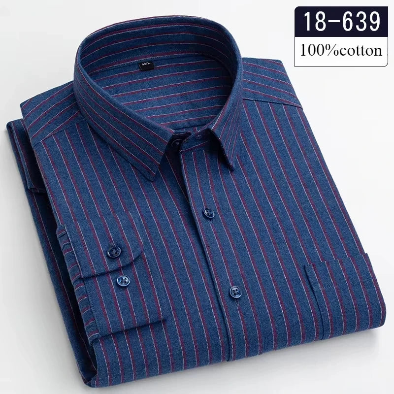 Showlu Fashion men's brushed cotton long-sleeve slim fit formal shirt with plaid design and striped casual top, soft and high-quality fabric