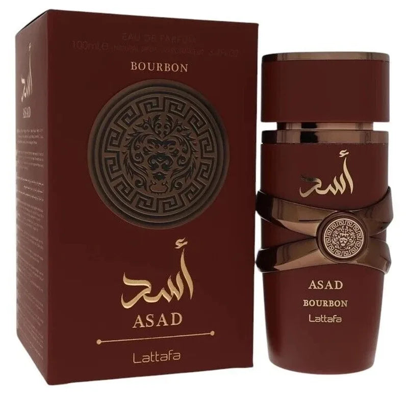 Lattafa Asad Bourbon unisex eau de parfum bottle with fruity scent, 3.4 oz, showcasing elegant packaging and branding.