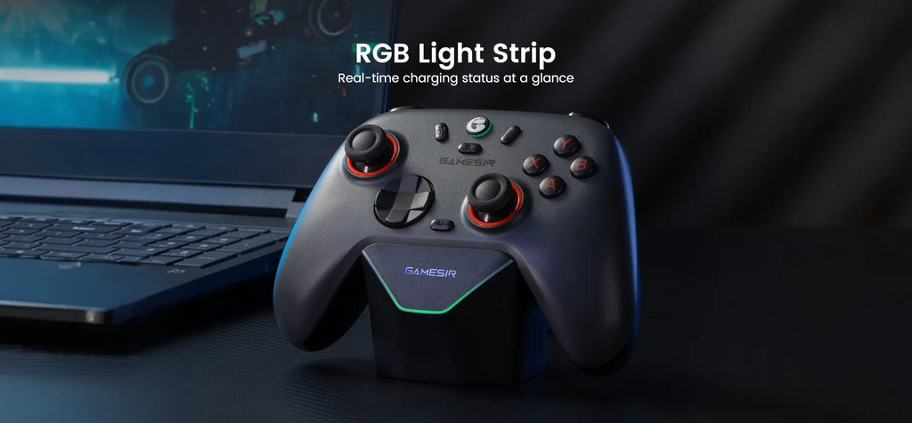 Showlu Smart General GameSir RGB controller charging dock stand with illuminated LED lighting and sleek design for gaming controllers.
