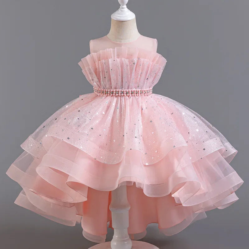 Cute lace mesh sleeveless kids' party dress by Showlu Fashion, solid color, perfect for summer evening occasions for girls aged 3-12.