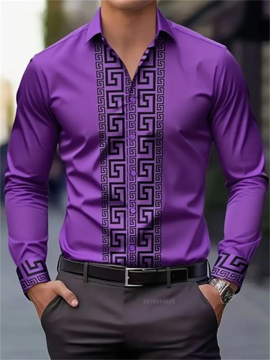 Men's patterned long-sleeved shirt with lapel buttons, stylish casual top from Showlu Fashion Store, comfortable and versatile for everyday wear.