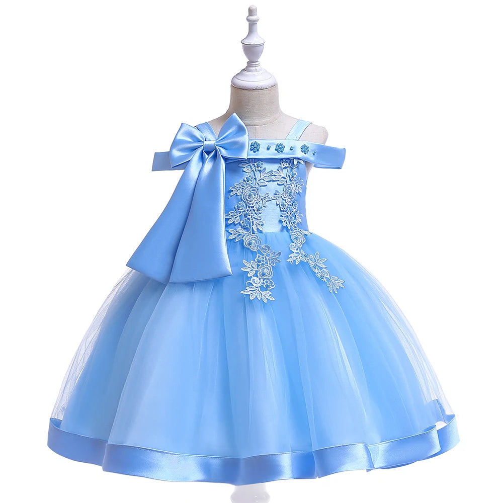 Elegant girls' summer tulle party dress with bow and flower details, suitable for bridesmaids, princess events, and birthdays.