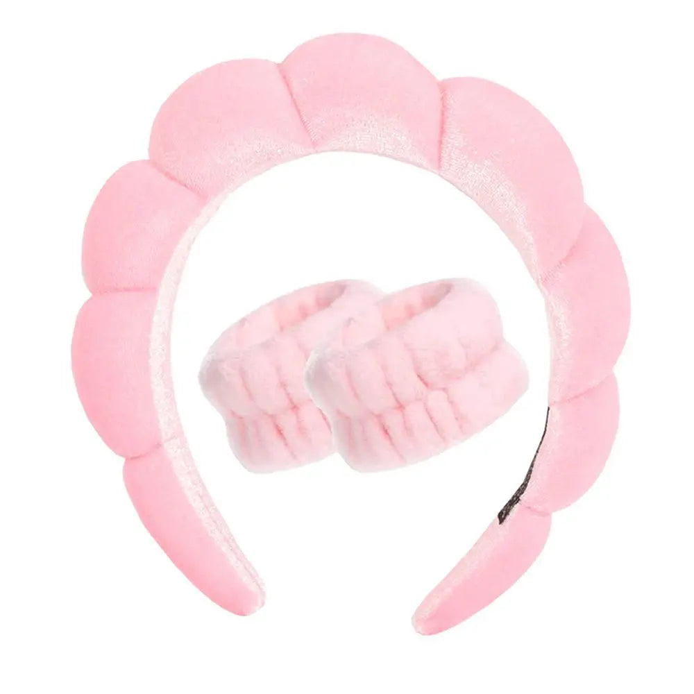 Three microfiber washing wristbands and puffy spa headbands for face washing, makeup, shower, and skincare by Showlu Fashion Store.