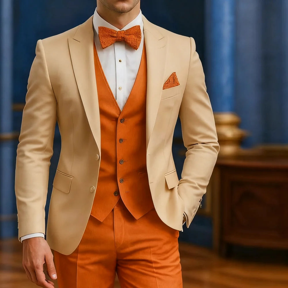 Men's white and orange 3-piece tuxedo by Showlu Fashion Store, featuring formal suit with traditional style for wedding or graduation events.