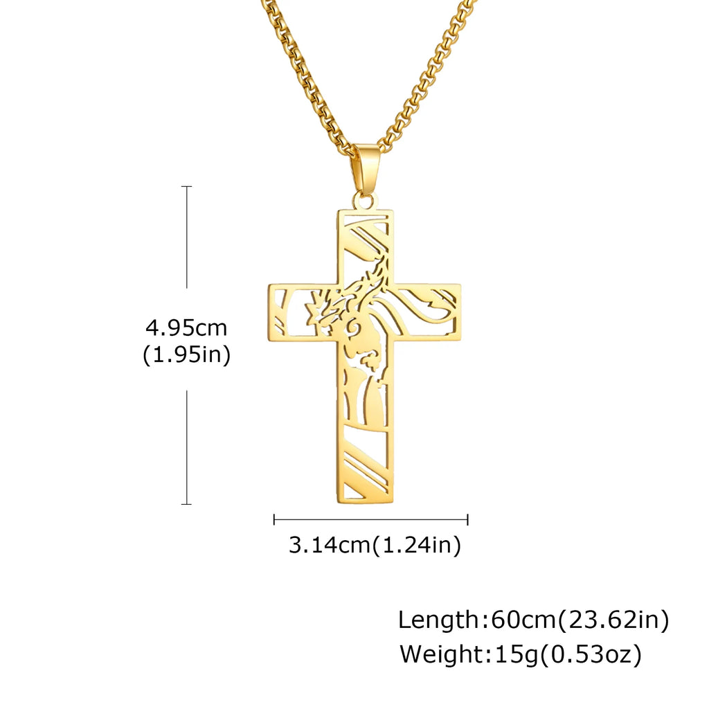 Gold-colored stainless steel cross necklace with Jesus pendant, Catholic faith jewelry for men and women, suitable for prayer and gift.