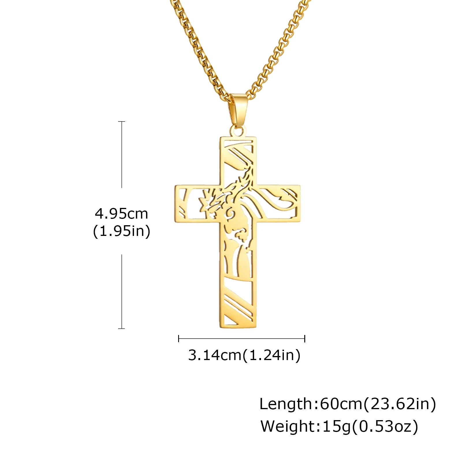Gold-colored stainless steel cross necklace with Jesus pendant, Catholic faith jewelry for men and women, suitable for prayer and gift.