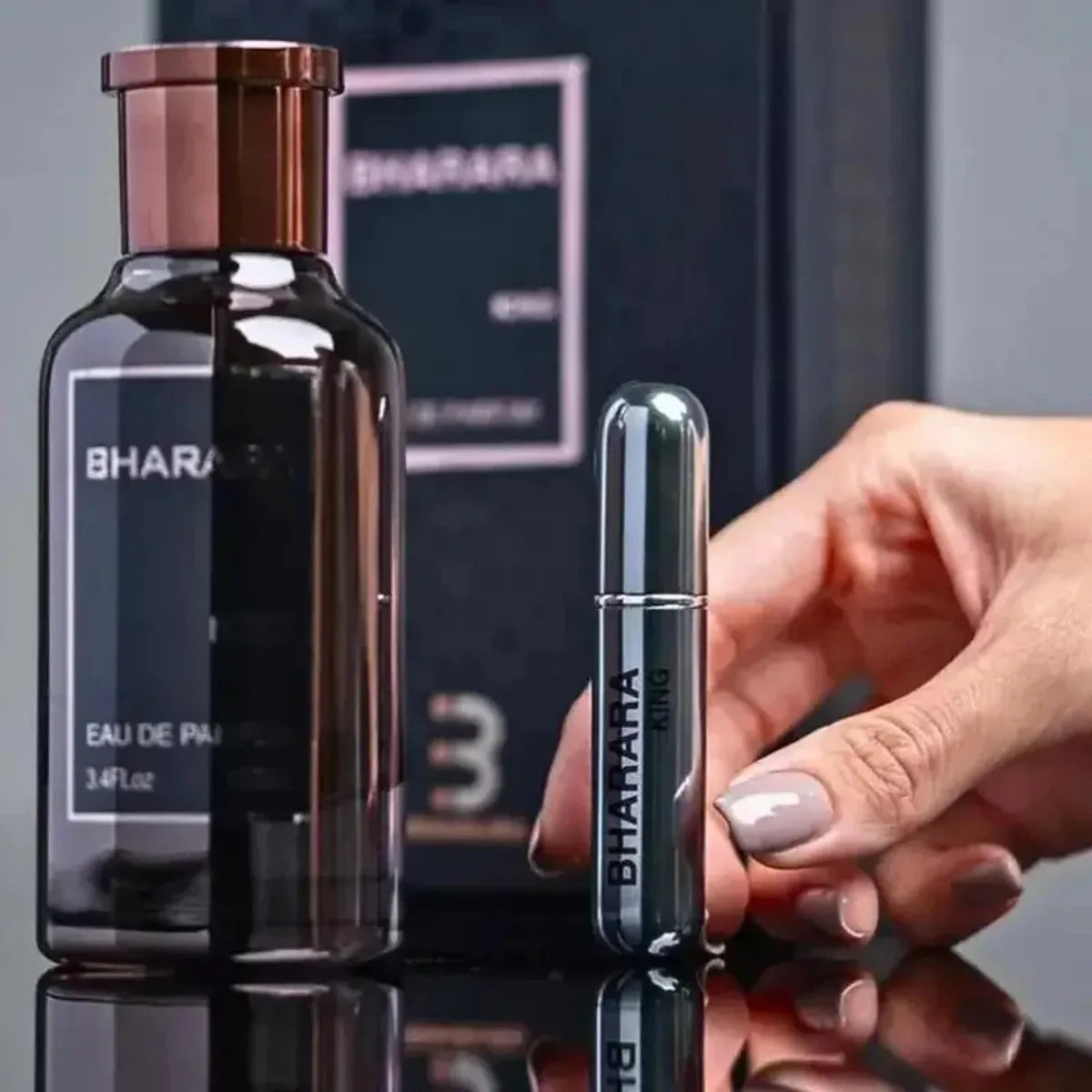 Bharara King Eau De Parfum for Men in 100ml, showing the citrus and amber fragrance bottle with elegant design and branding.