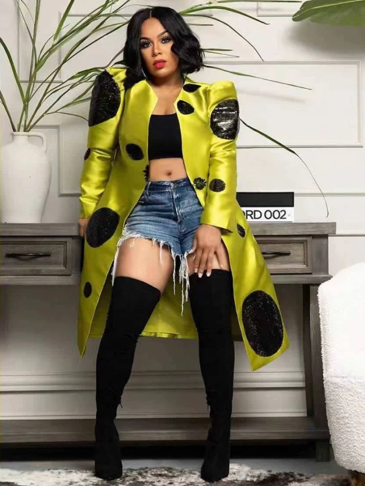 2023 New Autumn Winter Sequin Splicing Trench Women Small Suit Long Sleeve Jacket Casual Tops Slim Wild Blazers Long Coat