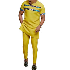African Fashion Yellow Men's Set Outfits Short Sleeve Tops Patch Trousers Nigerian Print Male Pant Suits Party Wear Customized