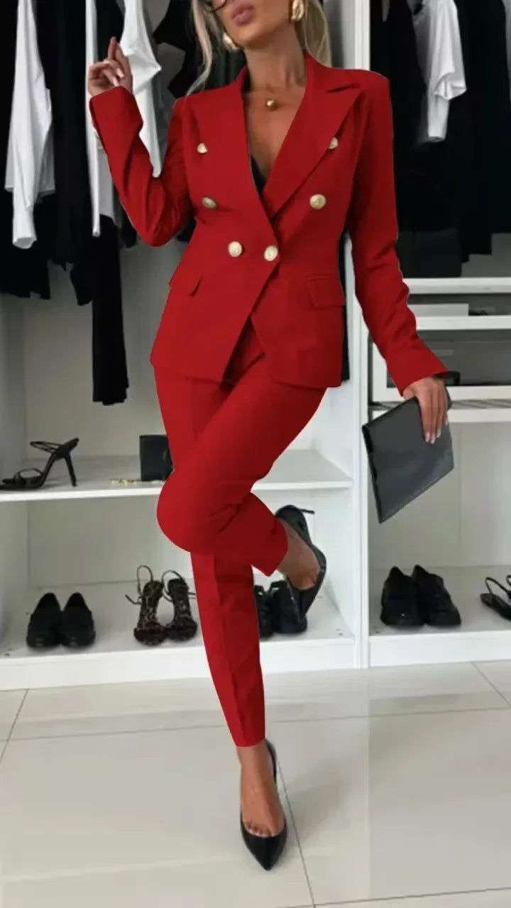 Women Office Smart Clothes Set 2pcs Blazer Double Breasted Button Solid Color Jacket & High Waist Slim Pencil Pants SHOWLU FASHION STORE