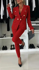 Women Office Smart Clothes Set 2pcs Blazer Double Breasted Button Solid Color Jacket & High Waist Slim Pencil Pants SHOWLU FASHION STORE