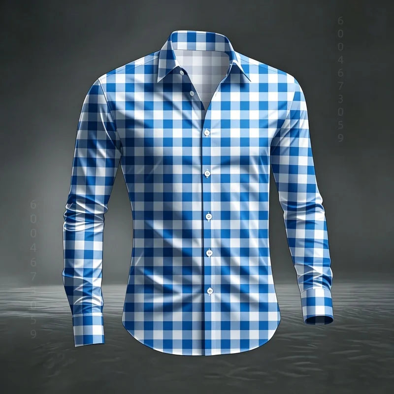 2026 Men's New Classic Plaid Shirt with Plaid Printing, Slim Fit Collar Long Sleeve Shirt, Men's Top, Comfortable Fabric XS-6XL
