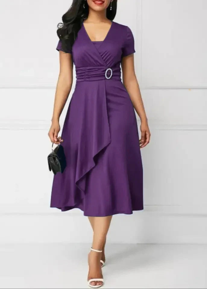 Women's Ehuanhood V-Neck chiffon midi dress in solid color, featuring an A-line silhouette for party or casual occasions.