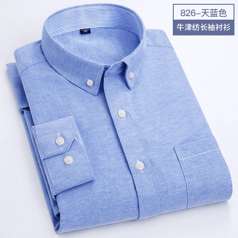 Showlu Men's slim fit Oxford shirt with long sleeves, non-iron casual top in classic white, tailored for a sharp look.