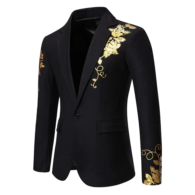 Slim fit men's blazer with paisley print and single button closure from SHOWLU FASHION STORE, tailored for a stylish look.