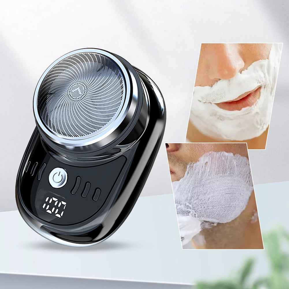 Men's Showlu Fashion mini electric travel shaver with digital display, USB rechargeable, washable beard trimmer for face grooming.