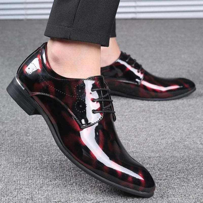 Wine red patent leather pointed toe oxford shoes with laces, formal wedding and party footwear for men in large sizes.