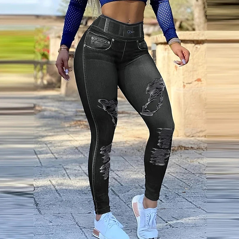High-waist skinny leggings with ripped details, made of polyester, shown lying flat for a versatile, comfortable fit.