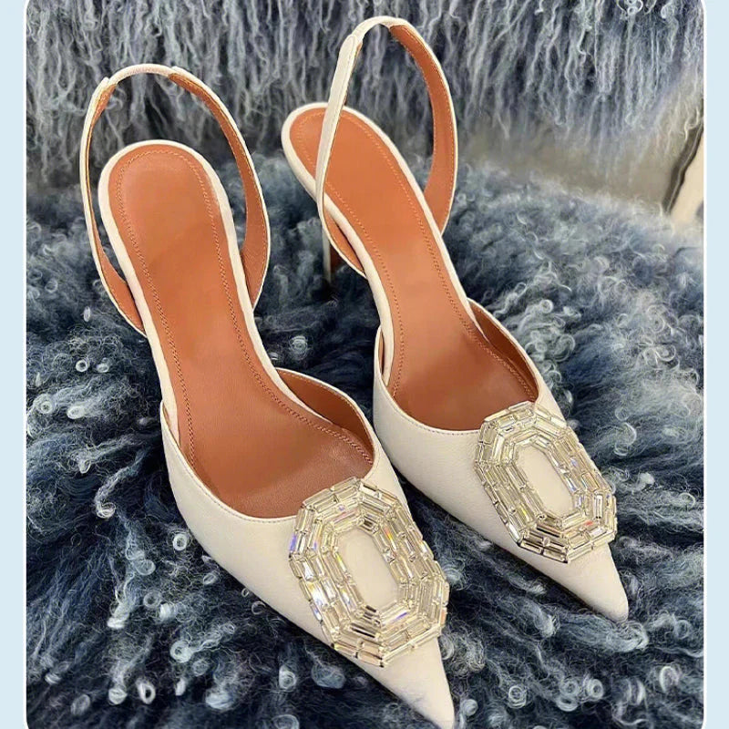 Black silk stiletto heels for women with rhinestone detailing and pointed toes, designed by SHOWLU FASHION STORE