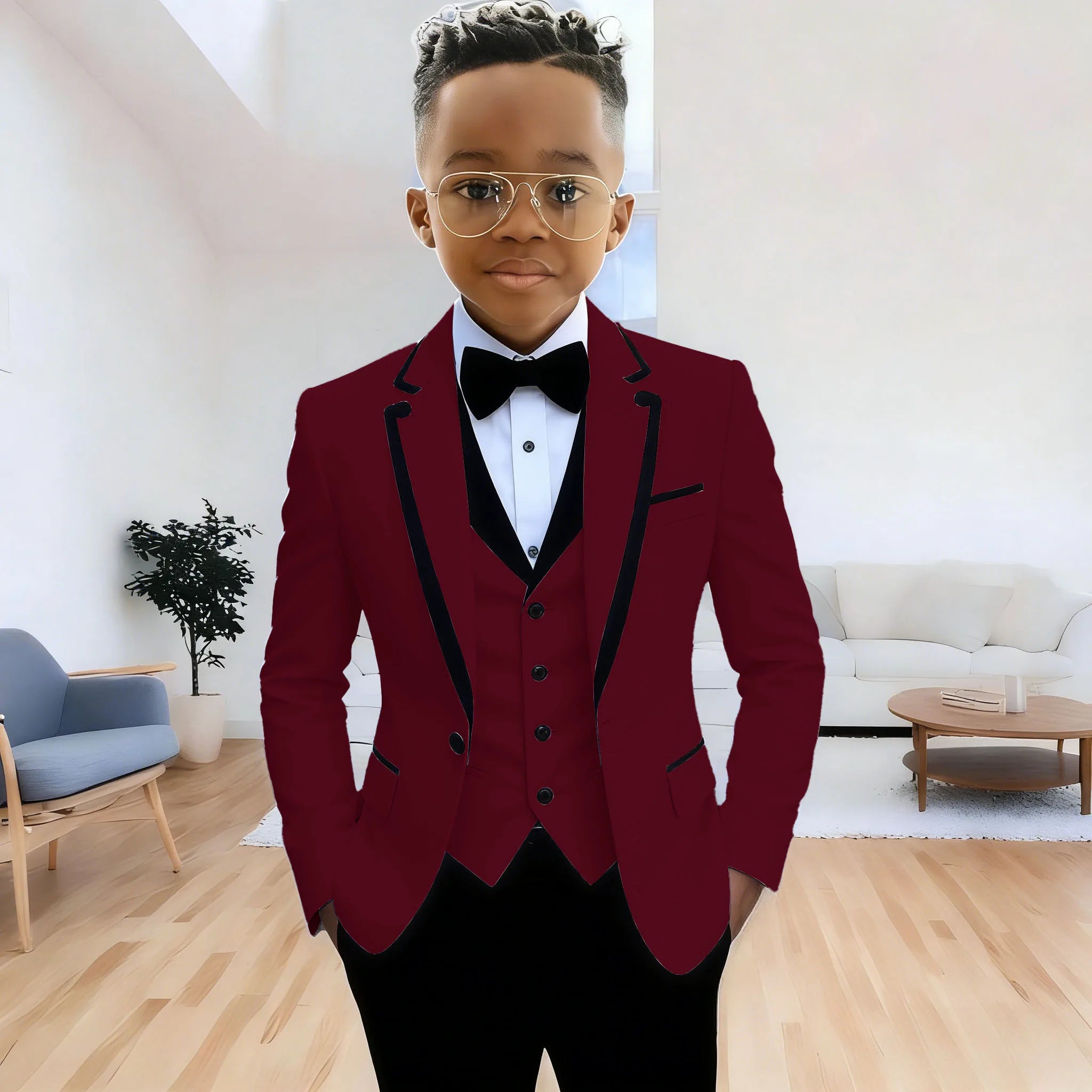 Boy's formal suit set with jacket, pants, and vest featuring notched lapels, suitable for weddings and parties, by Showlu Smart General.