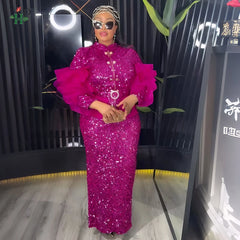 H&D African Sequin 2PCS Dress Set Stand Collar Top Puffy Mesh Sleeves Matching Maxi Skirt For Weddings Galas and Formal Parties