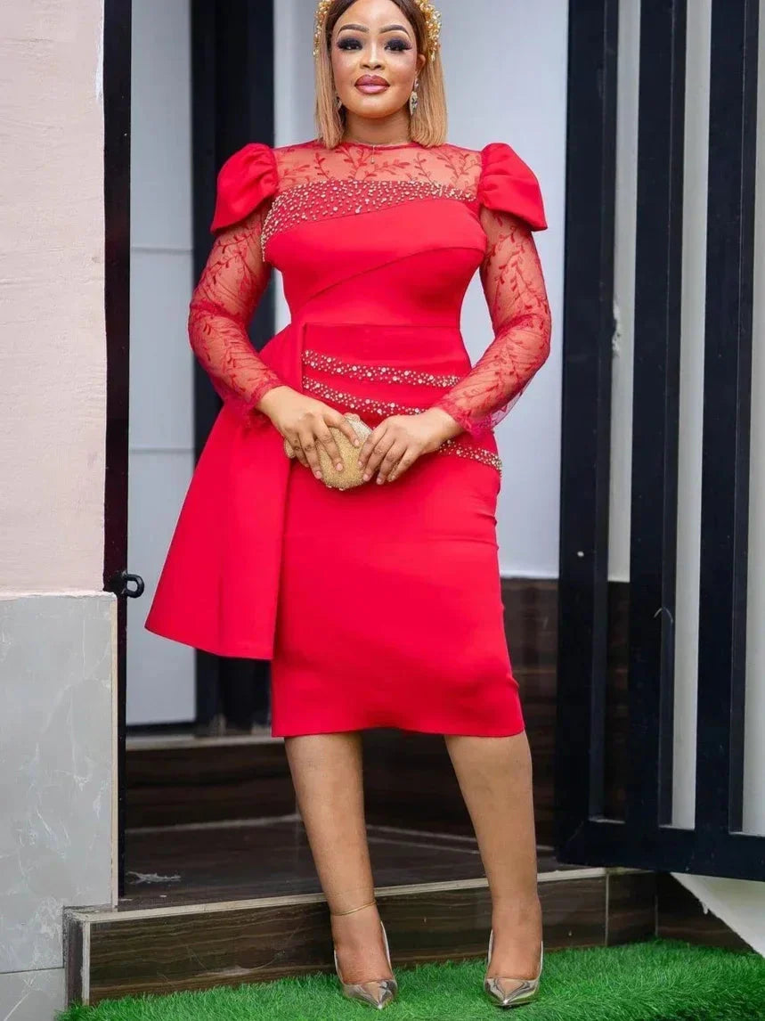 A woman wearing a SHOWLU FASHION STORE AOMEI women's long sleeve ruffle lace party dress, mid-calf sheath style, in a stylish design.
