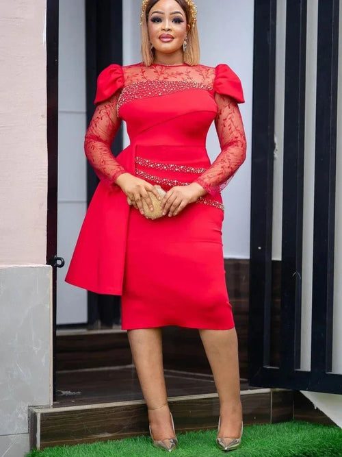 A woman wearing a SHOWLU FASHION STORE AOMEI women's long sleeve ruffle lace party dress, mid-calf sheath style, in a stylish design.