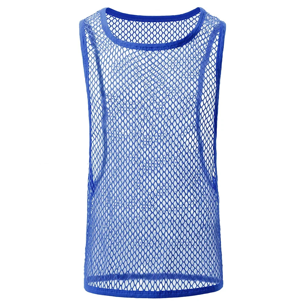 Men's bodybuilding gym tank top by Showlu Fashion, sleeveless mesh fitness workout undershirt for men.
