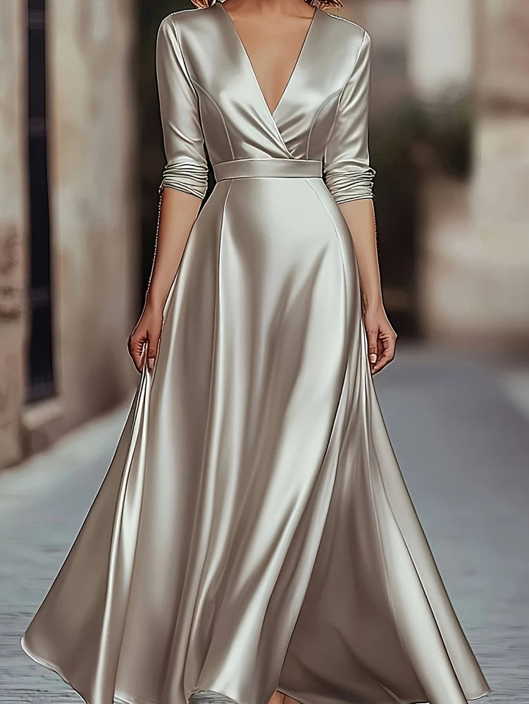 Showlu V-neck long-sleeved evening gown in French A-line style, floor-length dress with elegant design, black color, front view.