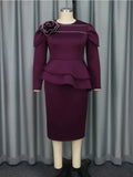 Purple Round Neck Silver Thread Embroidered Floral Long Sleeve Evening Dress Elegant for Special Occasions Perfect for Banquets