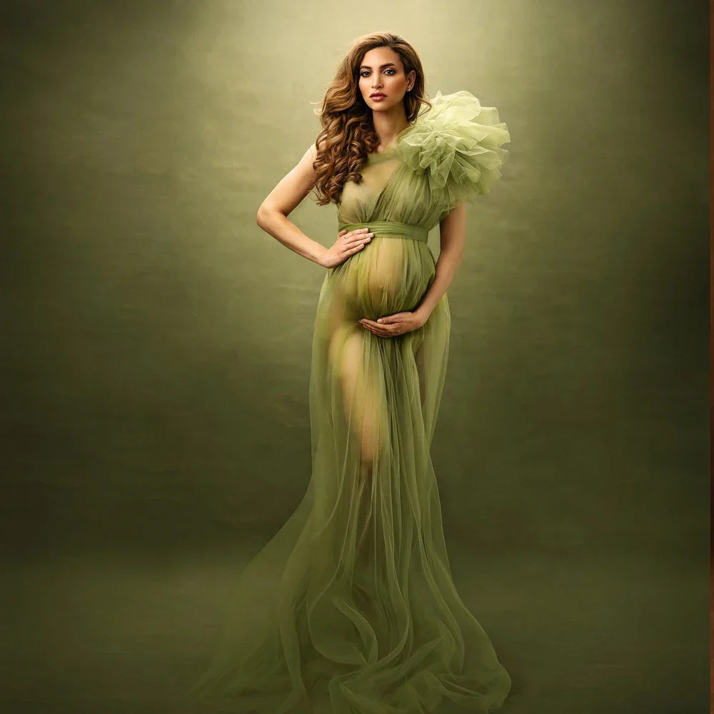 Showlu Fashion mesh maternity photography dress featuring a sexy one-shoulder gown with sheer fabric and elegant design.