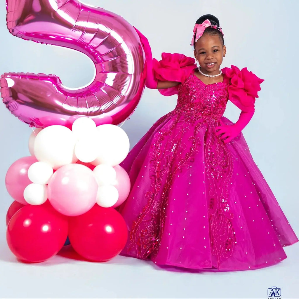 Customized Hot Pink Flower Girl Dress for Wedding Sequins Applique Puffy Baby Kids Birthday Party First Communion Gown