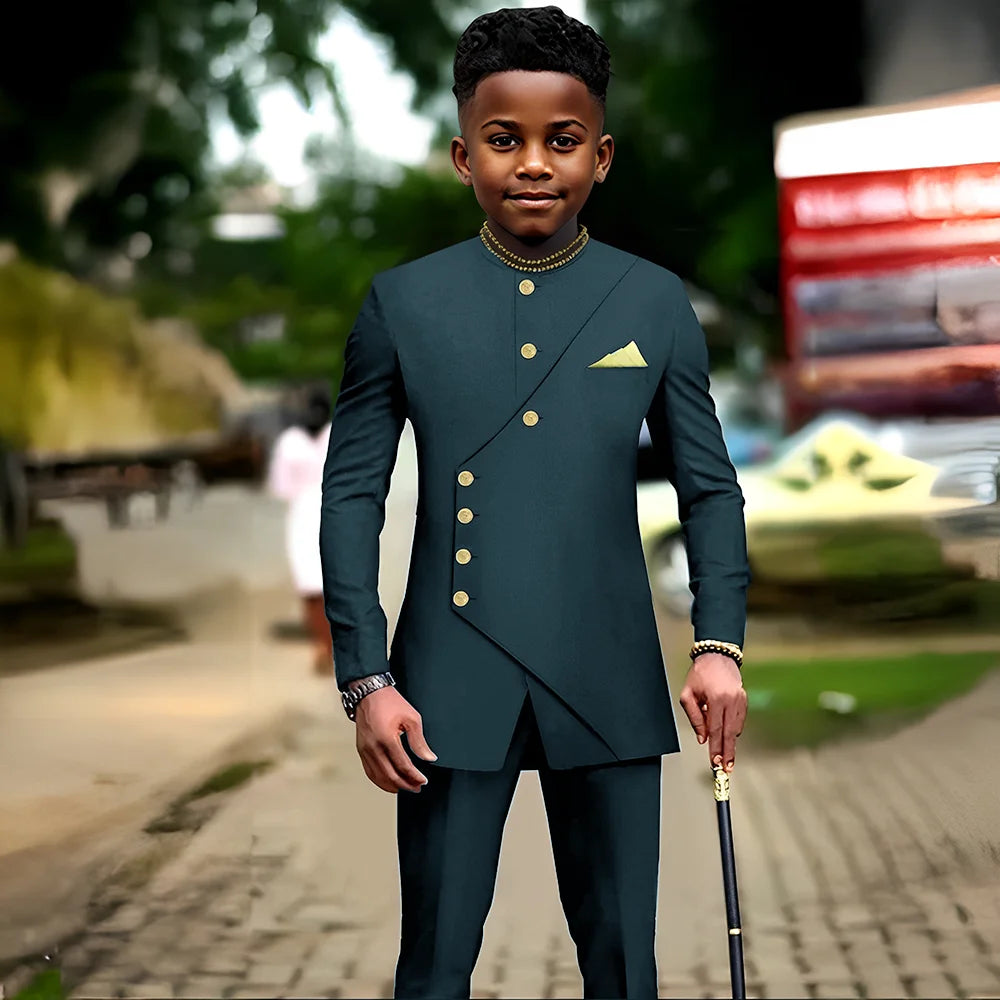 African boys' 2-piece suit with jacket and pants, suitable for parties and weddings, by Showlu Fashion Store for ages 2-16.