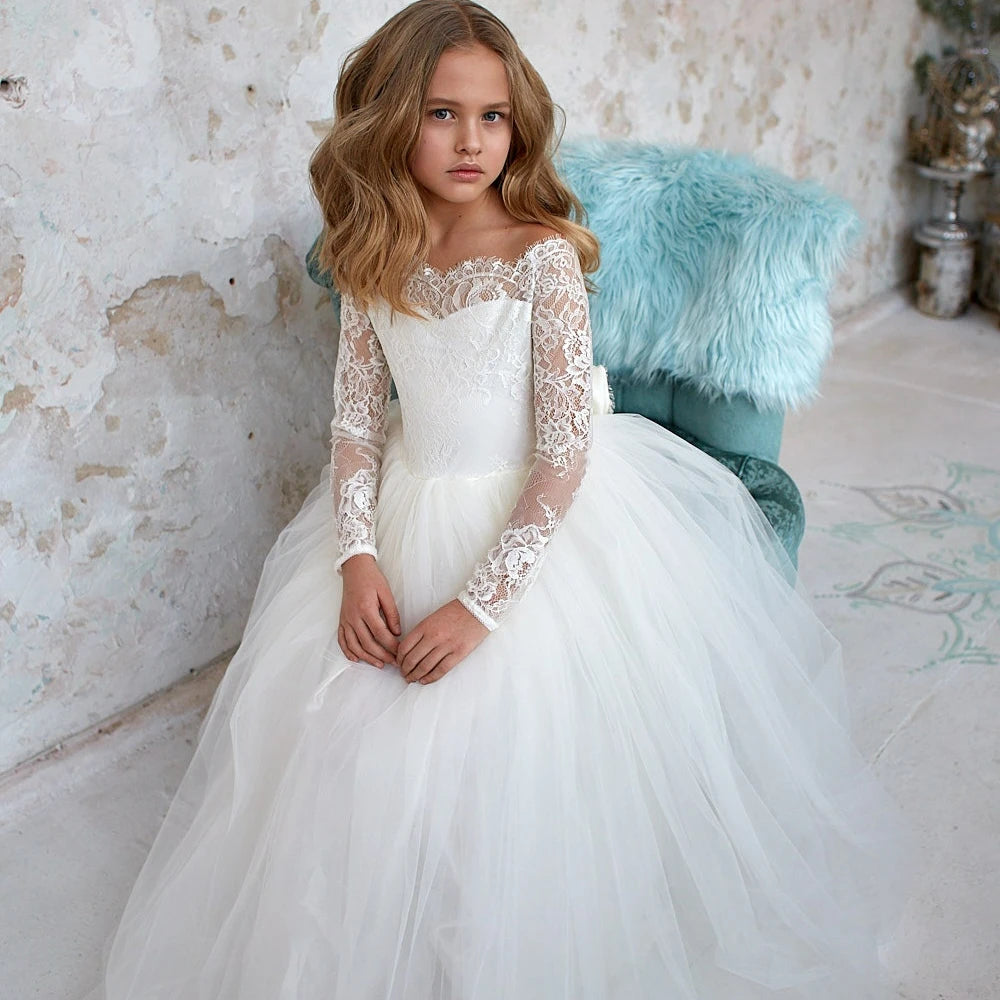 Ivory lace tulle ball gown flower girl dress by Showlu Fashion Store, featuring a delicate lace bodice and flowing tulle skirt.
