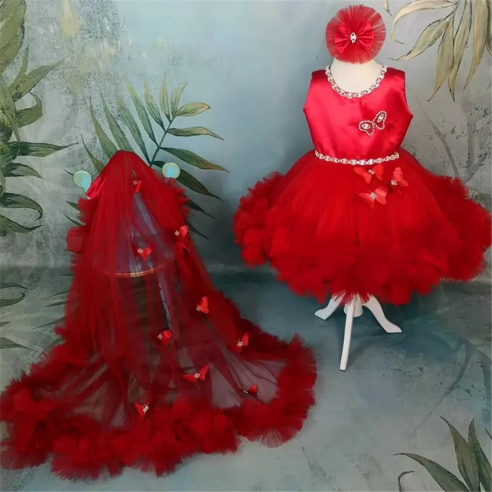 Customized Red Flower Girl Dresses For Wedding Tulle Butterflies With Bow Puffy Cute Toddler Birthday Party Pageant Ball Gown