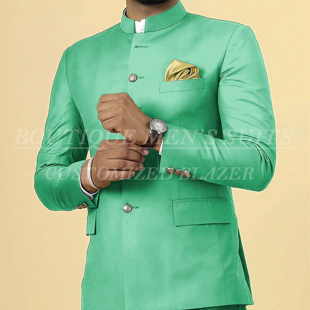 Elegant men's slim fit wedding suit by Showlu Fashion, single-breasted blazer and matching pants, stand lapel, formal 2-piece outfit.