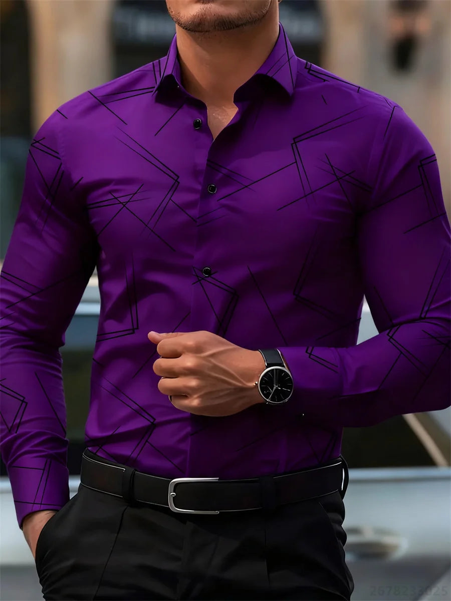 Men's slim fit long-sleeved shirt with geometric line print, non-iron, business casual style by Showlu Fashion Store.