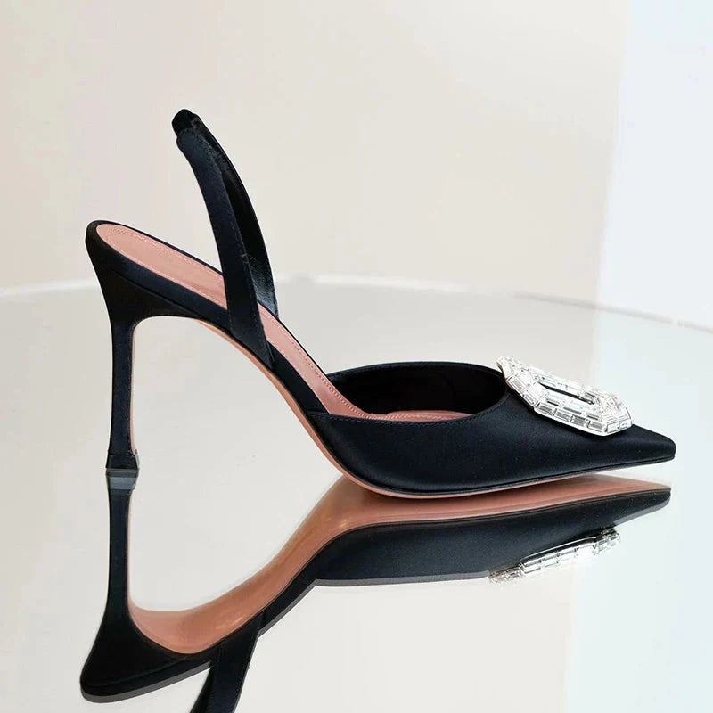 Black silk women's stiletto heels with rhinestone embellishments and pointed toes, designed by Yuejinlong for elegant style.