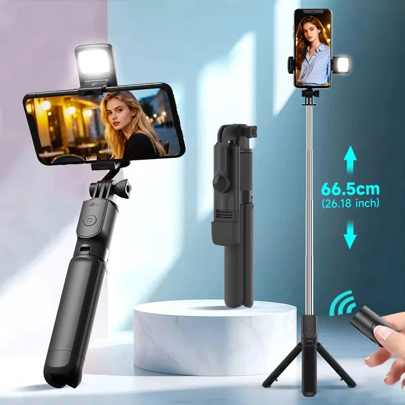 Showlu Fashion Store Bluetooth selfie stick tripod with LED fill light and phone holder for live streaming and selfies.