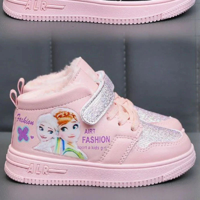 Pink Disney Frozen Elsa girls' winter snow boots by SHOWLU FASHION STORE, warm ankle shoes with a winter-themed design.
