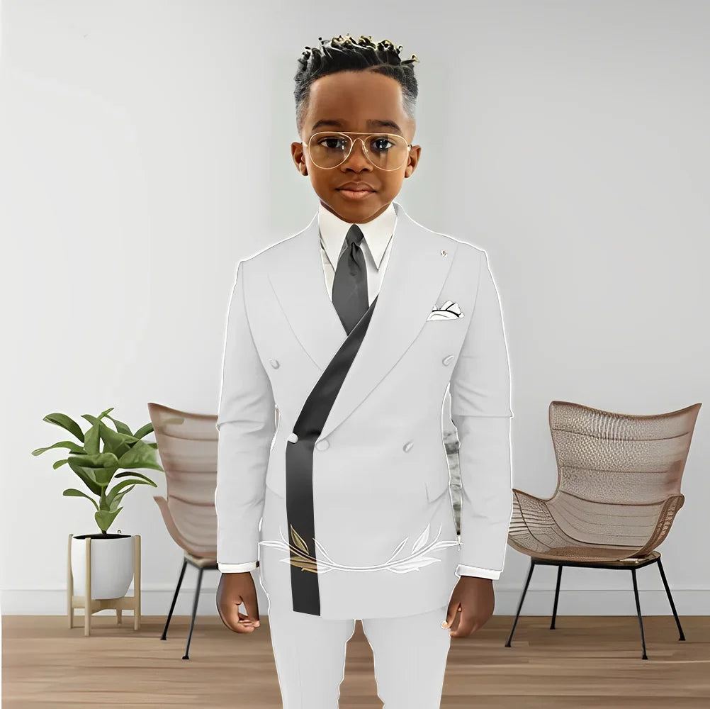 Boy's fashion double-breasted blazer and pants tuxedo set, suitable for kids aged 2-16, in a stylish wedding tuxedo design.