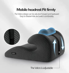 A gray memory foam prone position pillow with an adjustable blue headrest attached by Velcro.