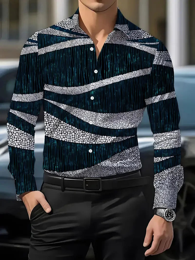 Showlu men's 3D flower printed casual silk long sleeve shirt, stylish and comfortable for everyday wear