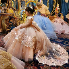 Customized Champagne Flower Girl Dresses For Wedding Appliques With Bow Elegant Princess Birthday Party First Communion Gown