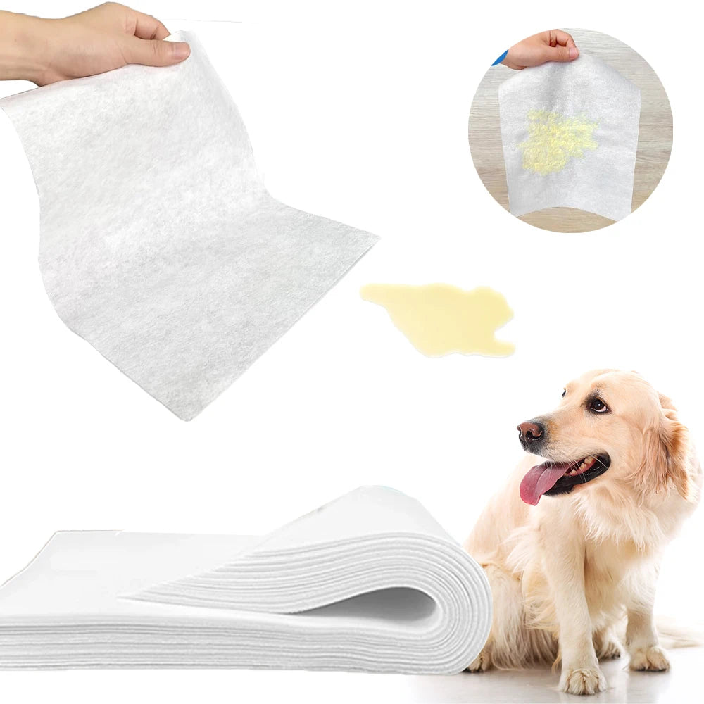 Pack of 100 pet urine absorbent papers from Showlu Fashion Store, quick-drying pet diaper pads for effective urine absorption.