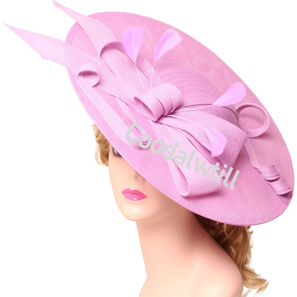 Pink Derby fascinator hat with large elegant headband, suitable for wedding, church, race, or cocktail events. Showlu Fashion.