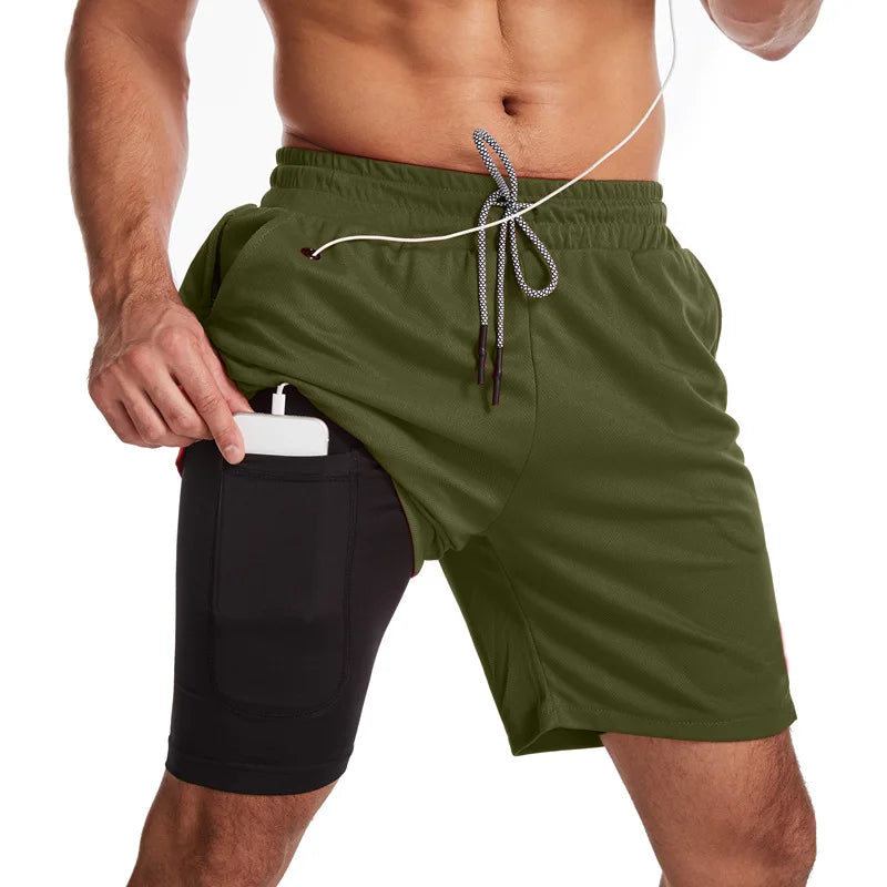 Men's camo running shorts from Showlu Fashion Store, 2-in-1 gym sports shorts with quick-dry fabric for workout and jogging.