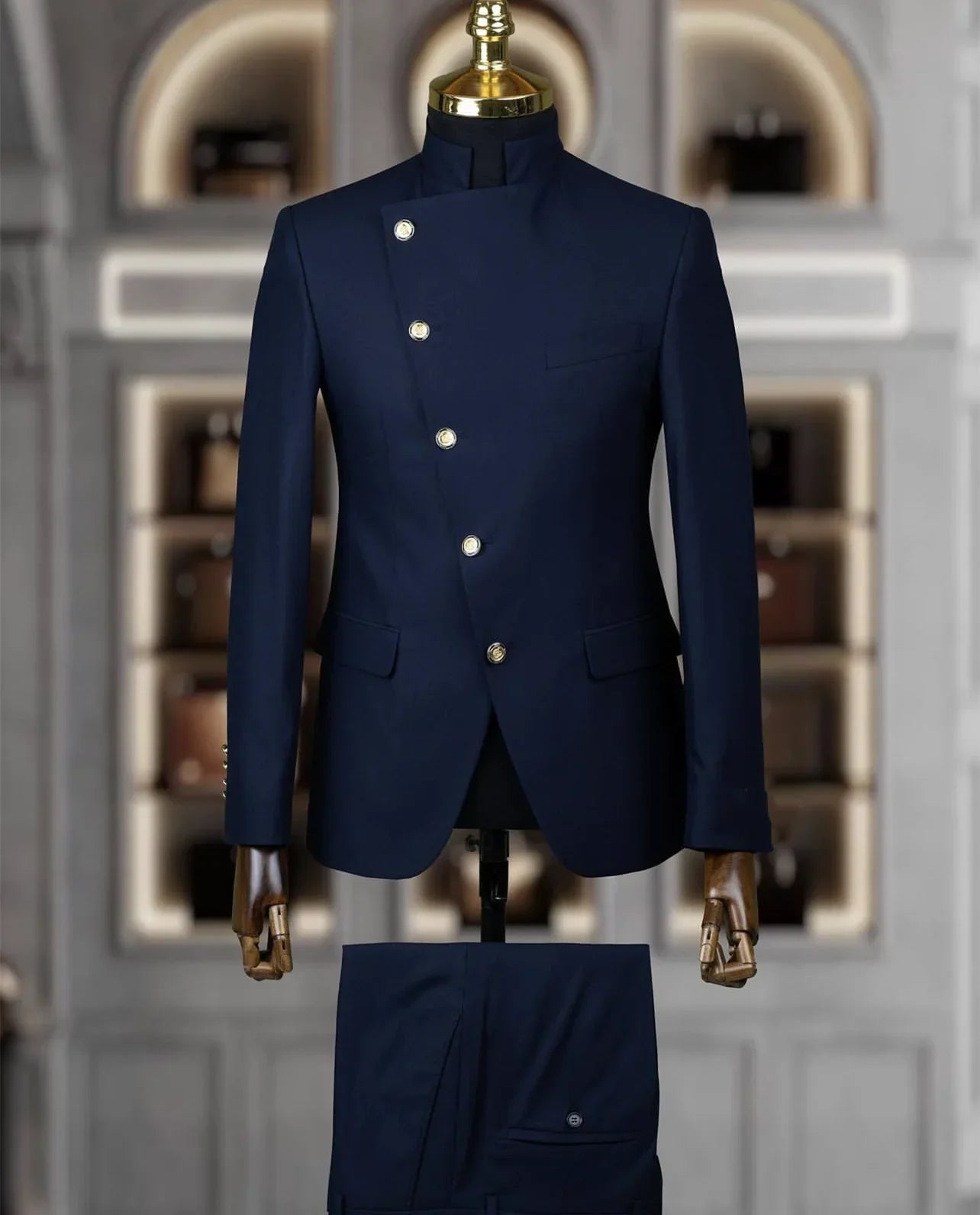 SHOWLU FASHION STORE men's slim fit suit with stand collar, cotton tuxedo for wedding or formal occasions