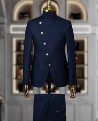 Fashion Stand Collar Men Suits 2 Piece Formal Single Breasted Smart Casual Outfits Solid Color Chic Wedding Party Slim Male Suit